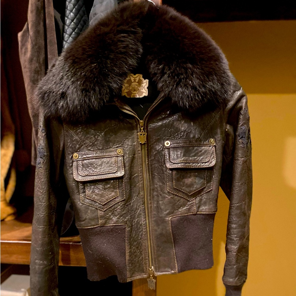 YES LONDON - Italy Brown Leather Jacket with Stunning Mink Collar 4-6 USA EUR 40